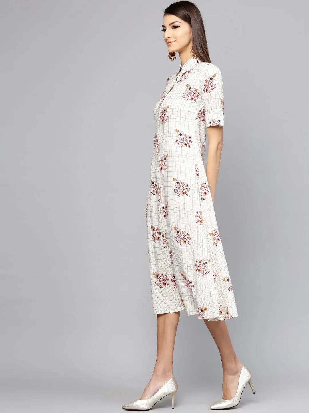 White Checkered Rayon Dress - Libas