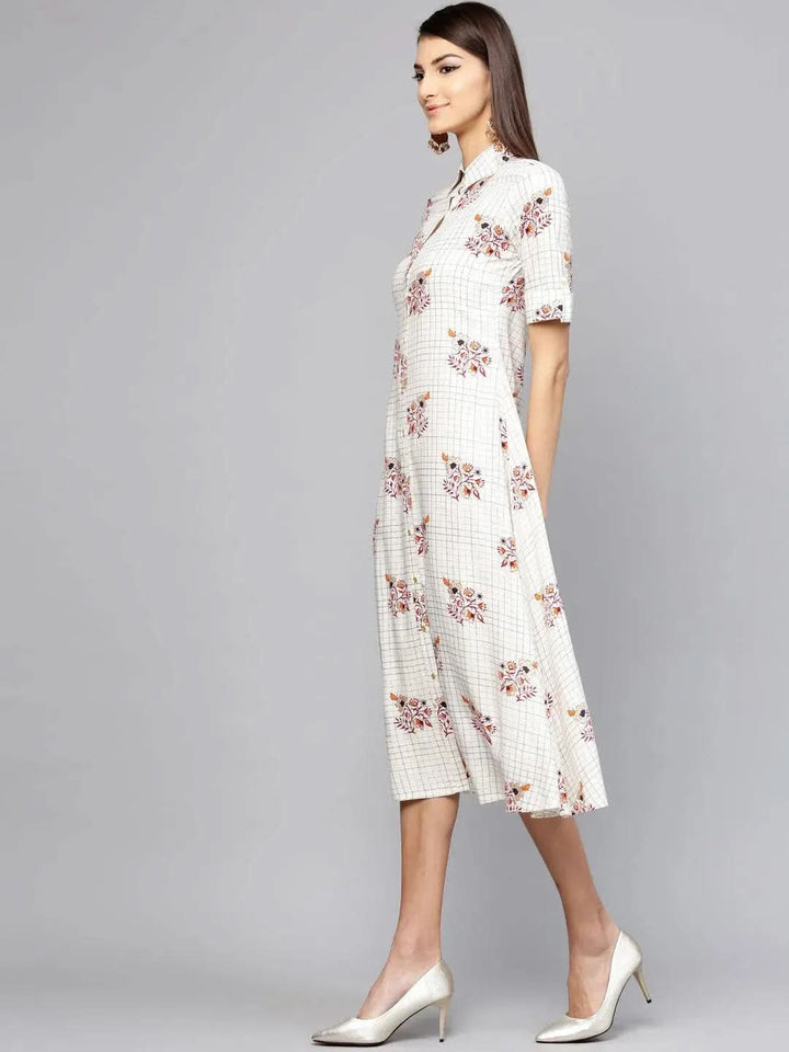 White Checkered Rayon Dress - Libas