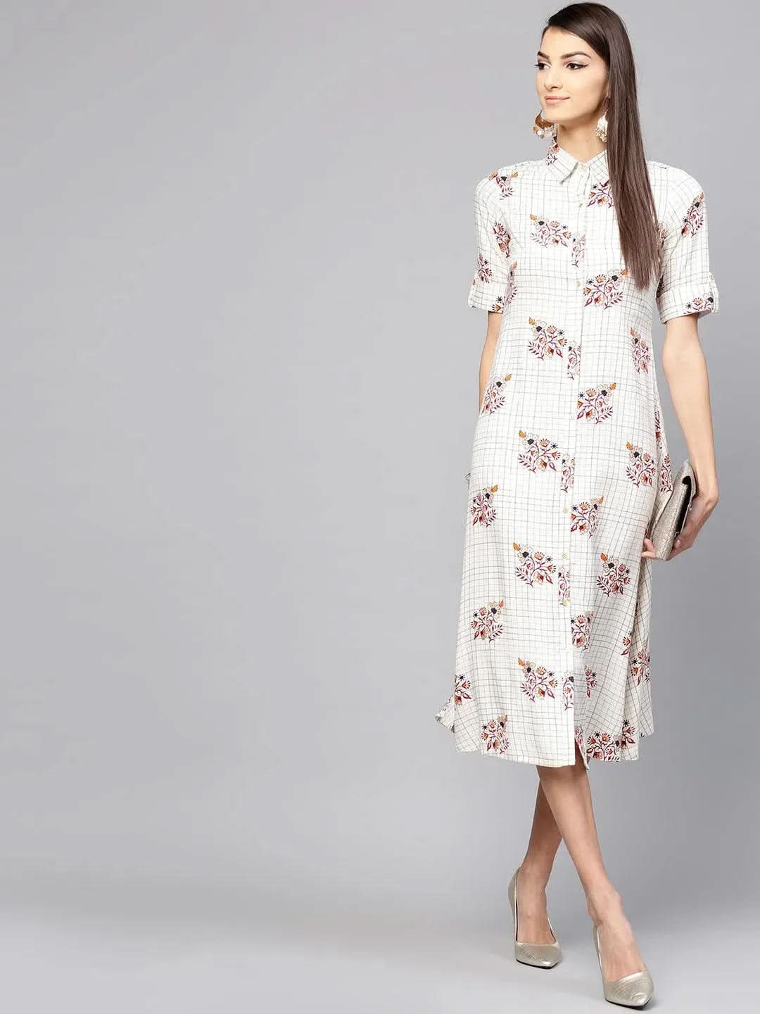 White Checkered Rayon Dress - Libas