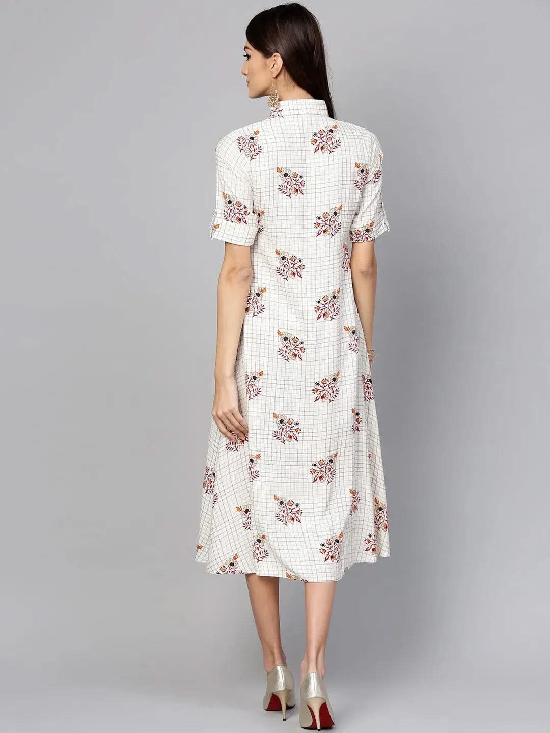 White Checkered Rayon Dress - Libas