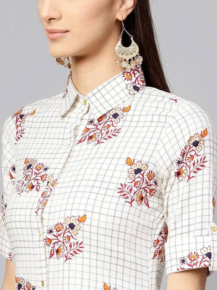 White Checkered Rayon Dress - Libas