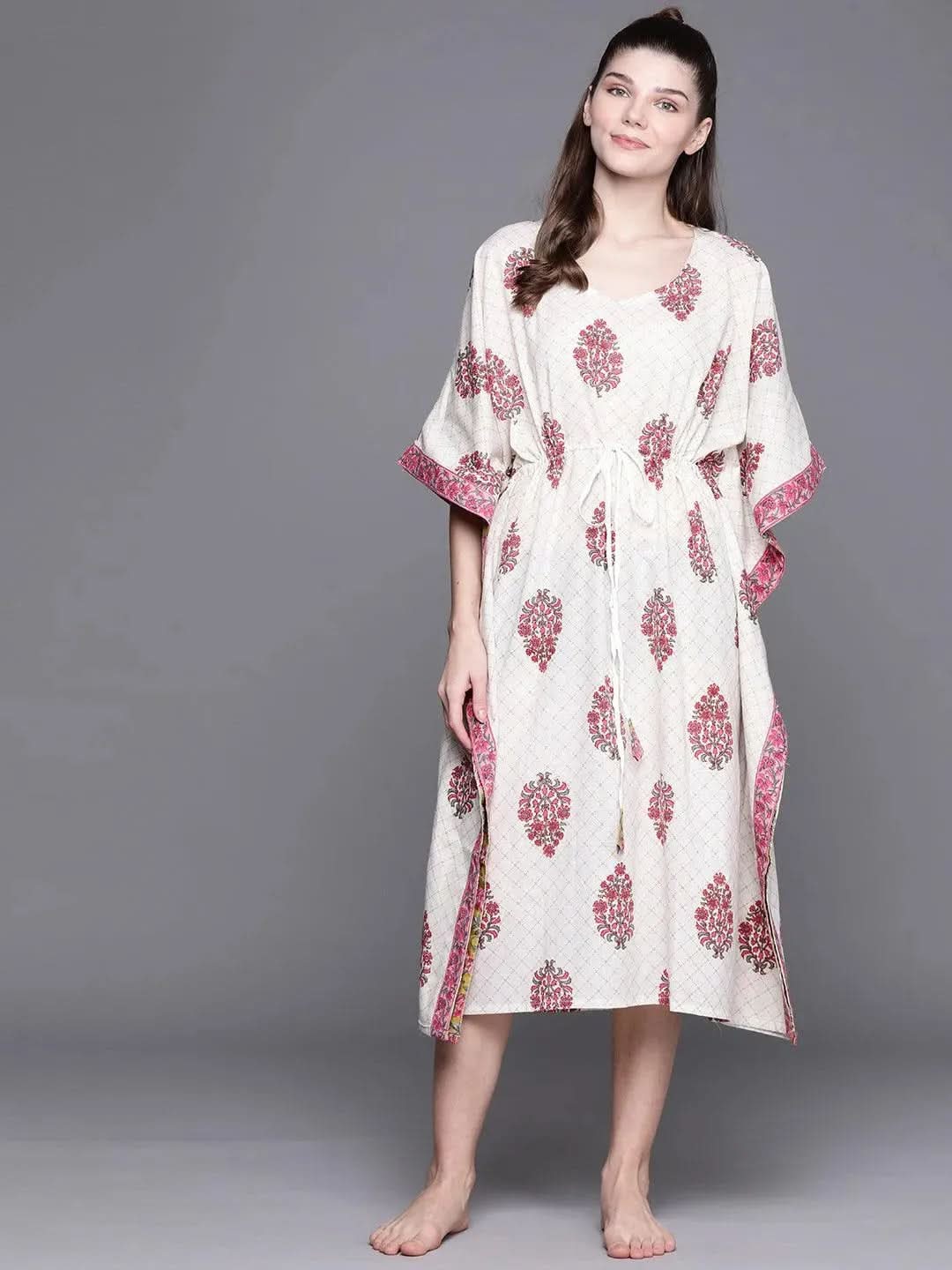 White Cotton Printed Kaftan Nightdress - Libas