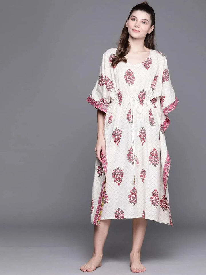 White Cotton Printed Kaftan Nightdress - Libas