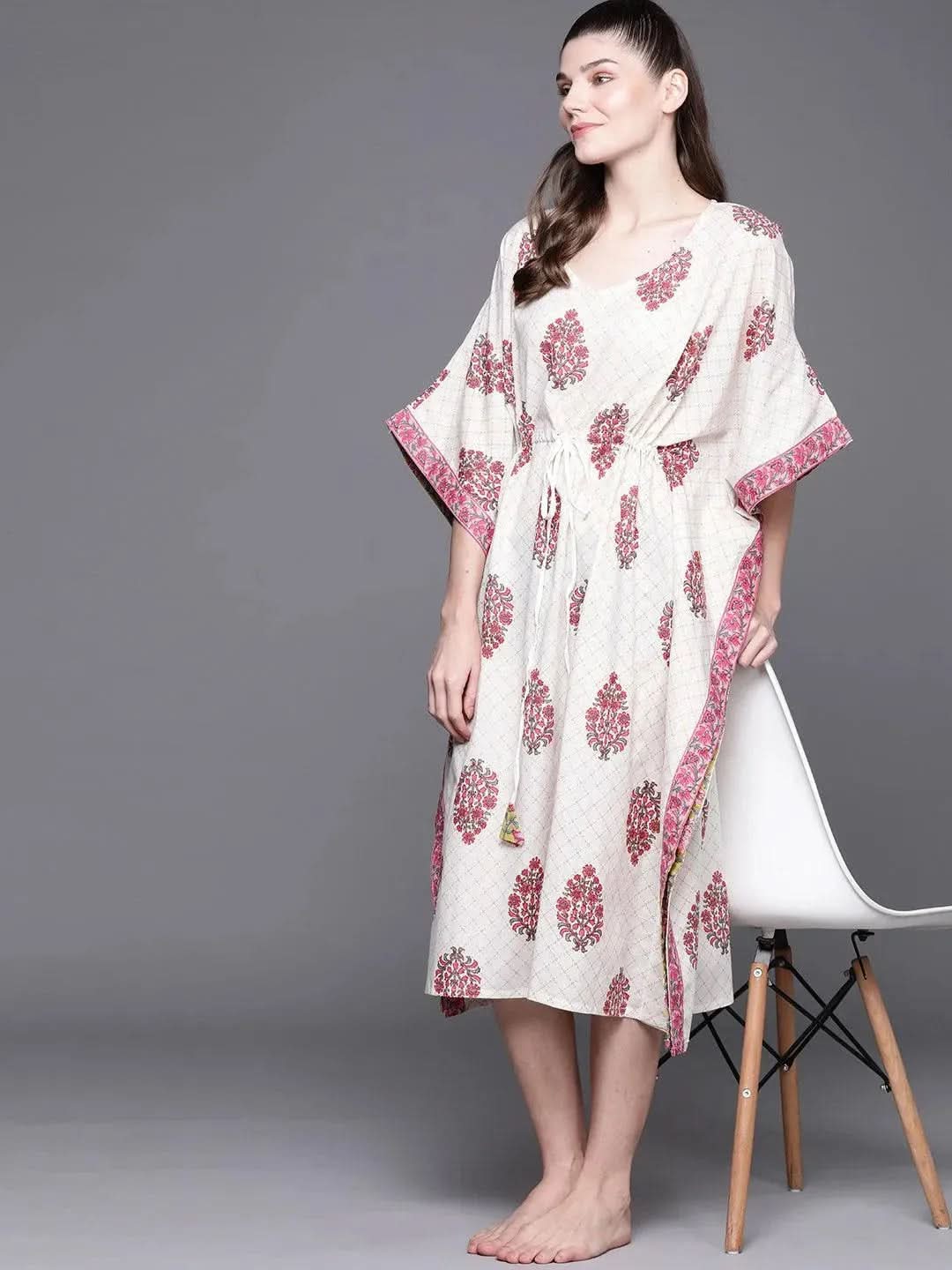 White Cotton Printed Kaftan Nightdress - Libas