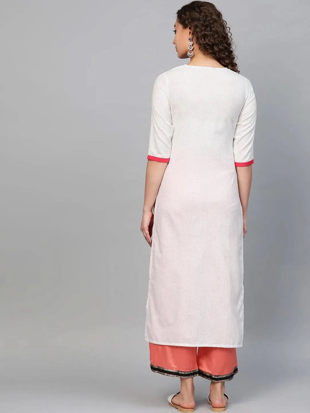 White Embroidered Cotton Kurta - Libas