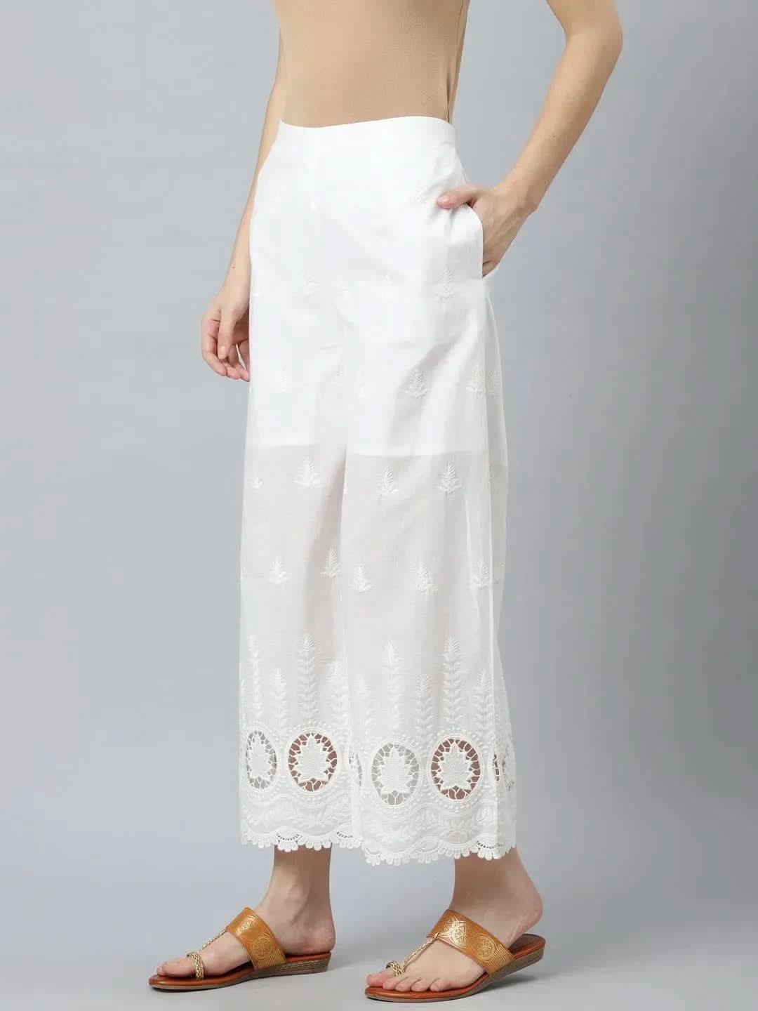 White Embroidered Cotton Palazzos - Libas