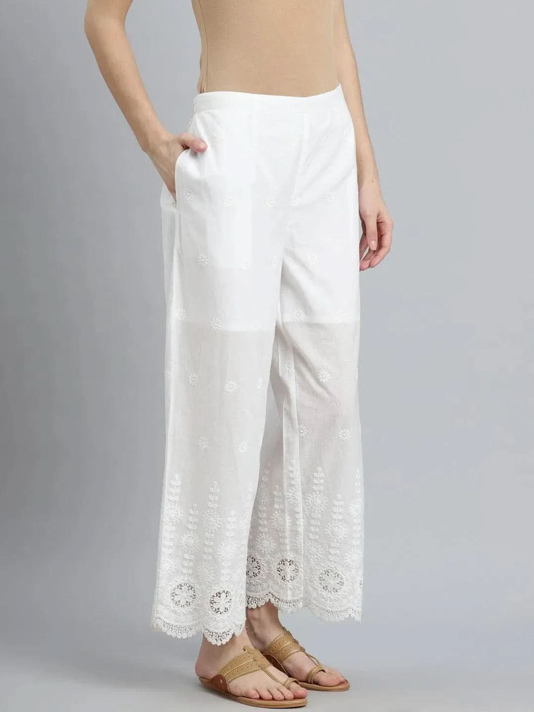 White Embroidered Cotton Palazzos - Libas