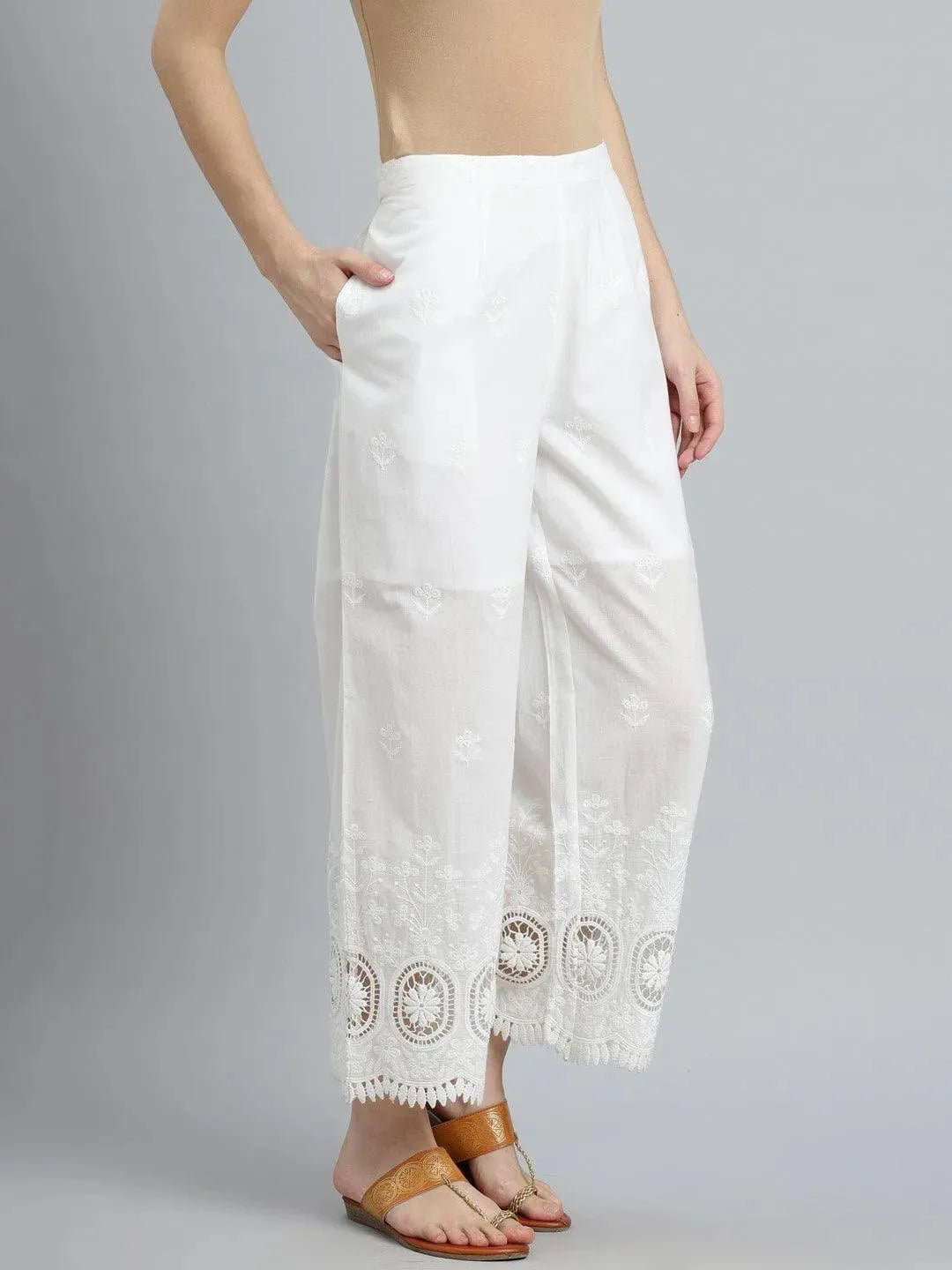 White Embroidered Cotton Palazzos - Libas