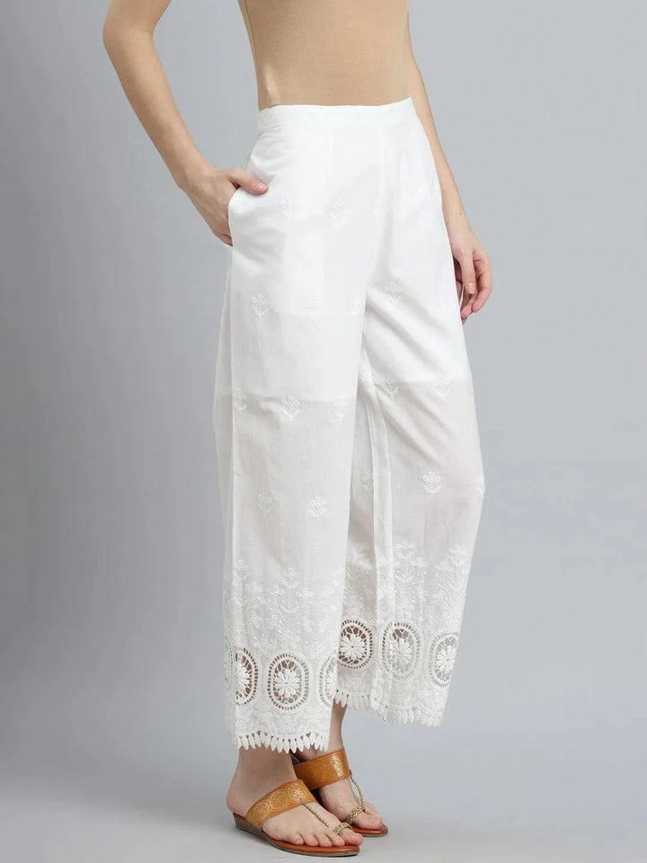White Embroidered Cotton Palazzos - Libas