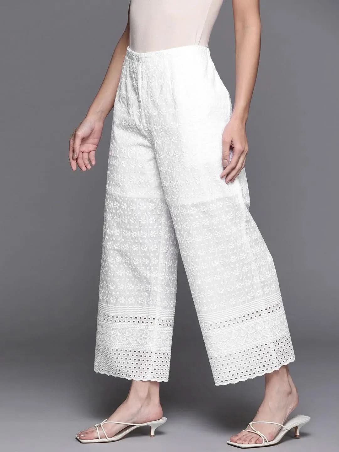 White Embroidered Cotton Palazzos - Libas