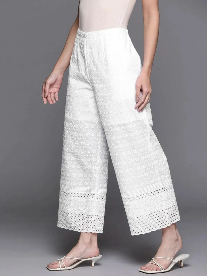 White Embroidered Cotton Palazzos - Libas