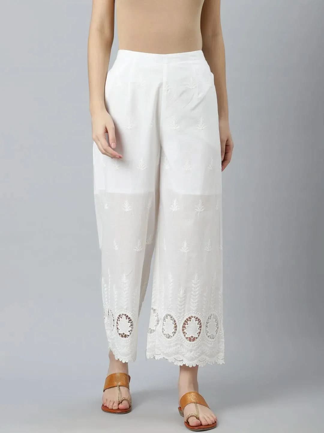 White Embroidered Cotton Palazzos - Libas