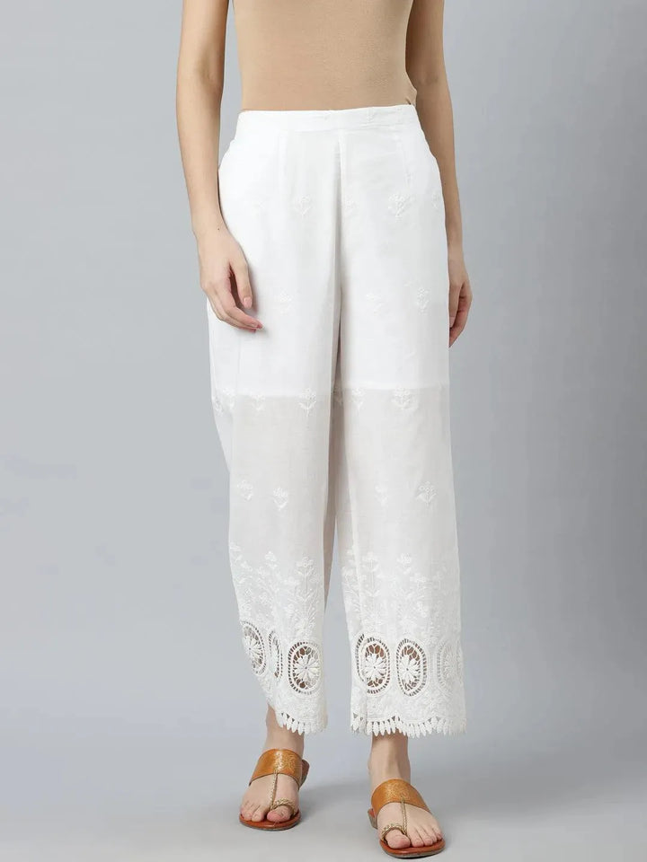 White Embroidered Cotton Palazzos - Libas