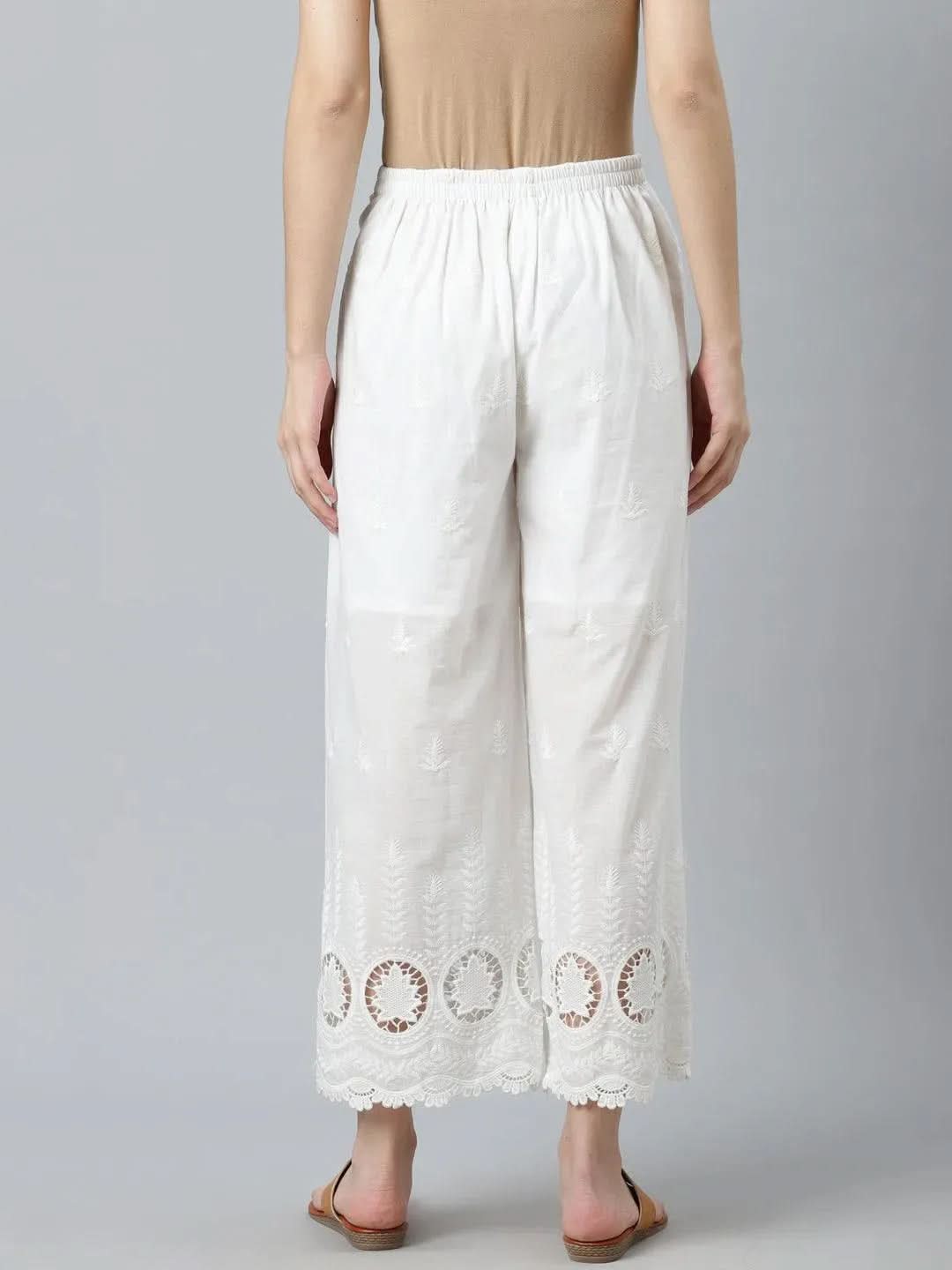 White Embroidered Cotton Palazzos - Libas