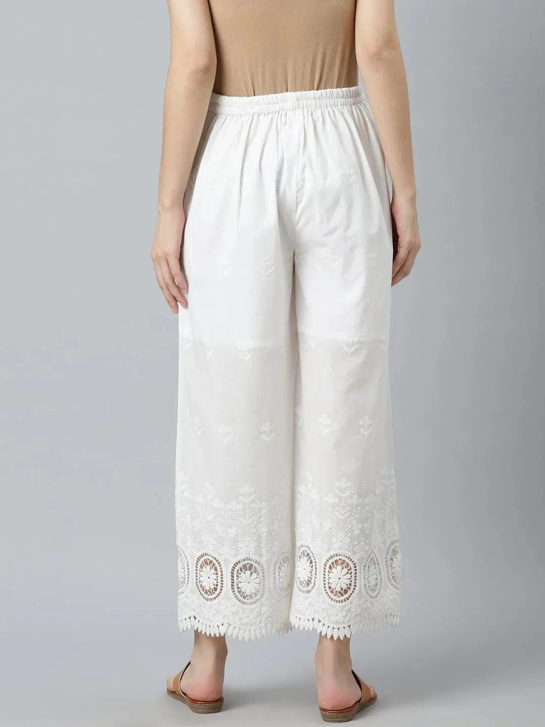 White Embroidered Cotton Palazzos - Libas