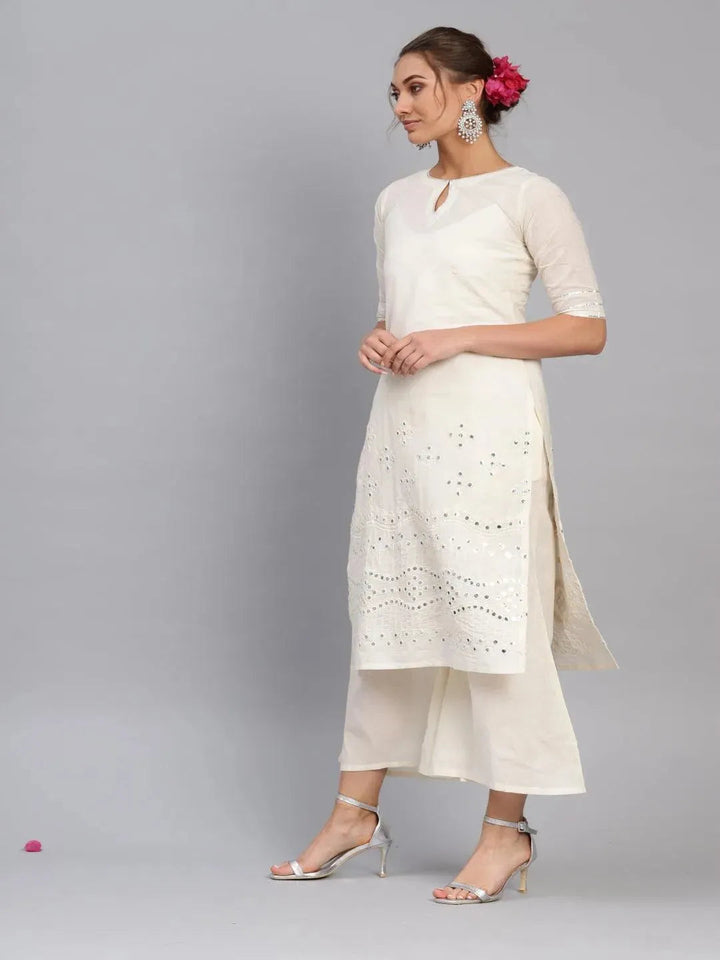 White Embroidered Cotton Kurta Set - Libas