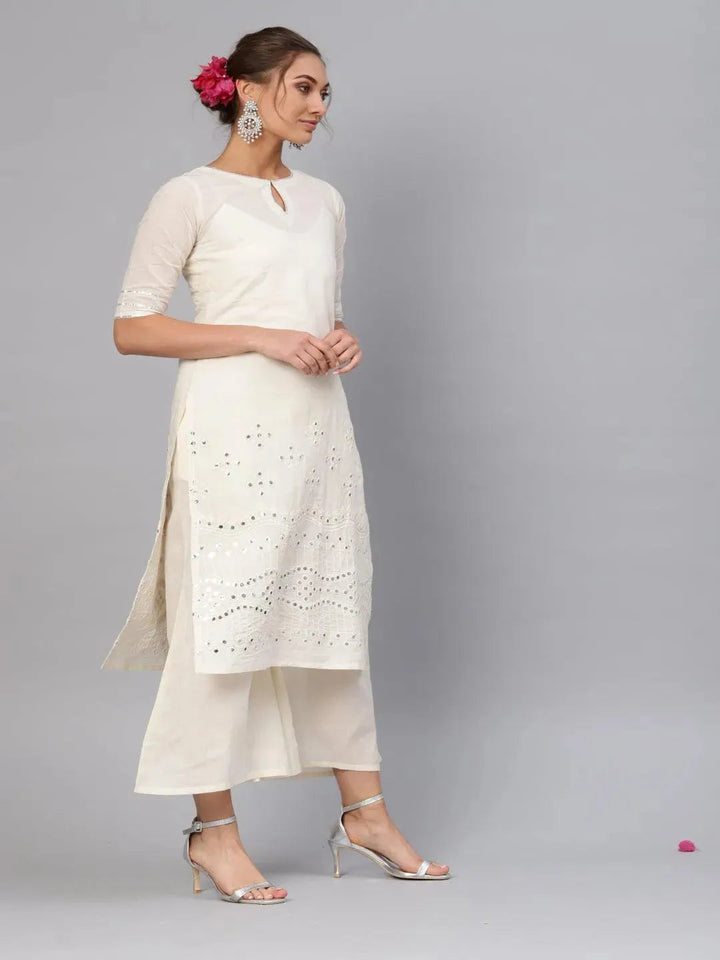 White Embroidered Cotton Kurta Set - Libas