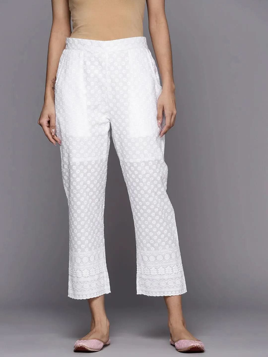 White Embroidered Cotton Trousers - Libas