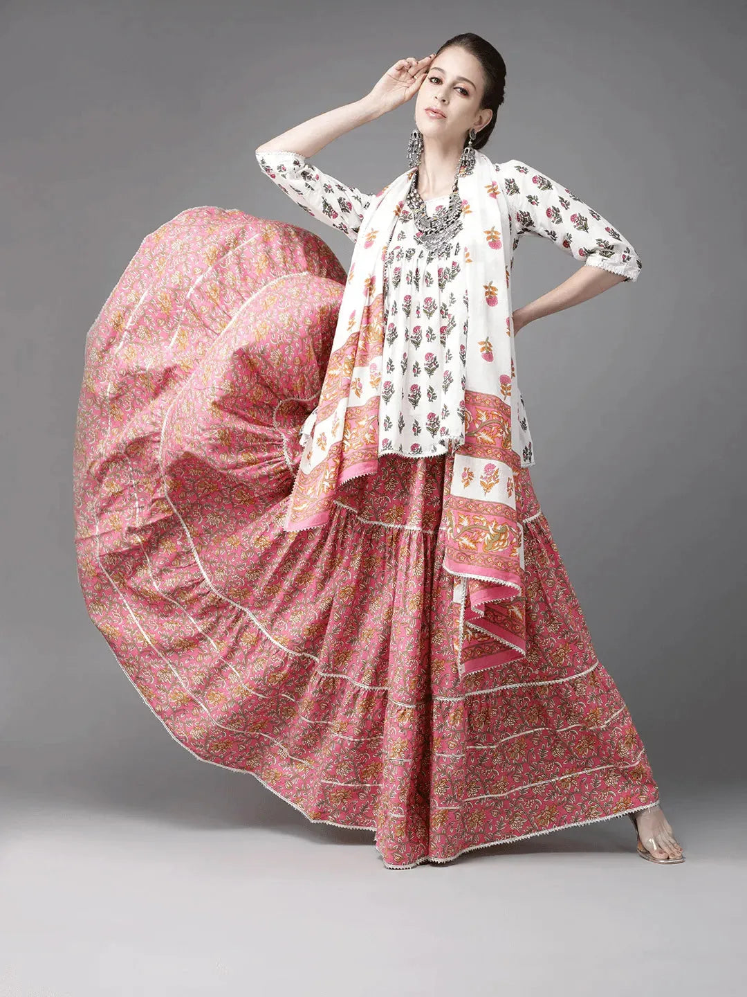 White Printed Cotton Suit Set - Libas