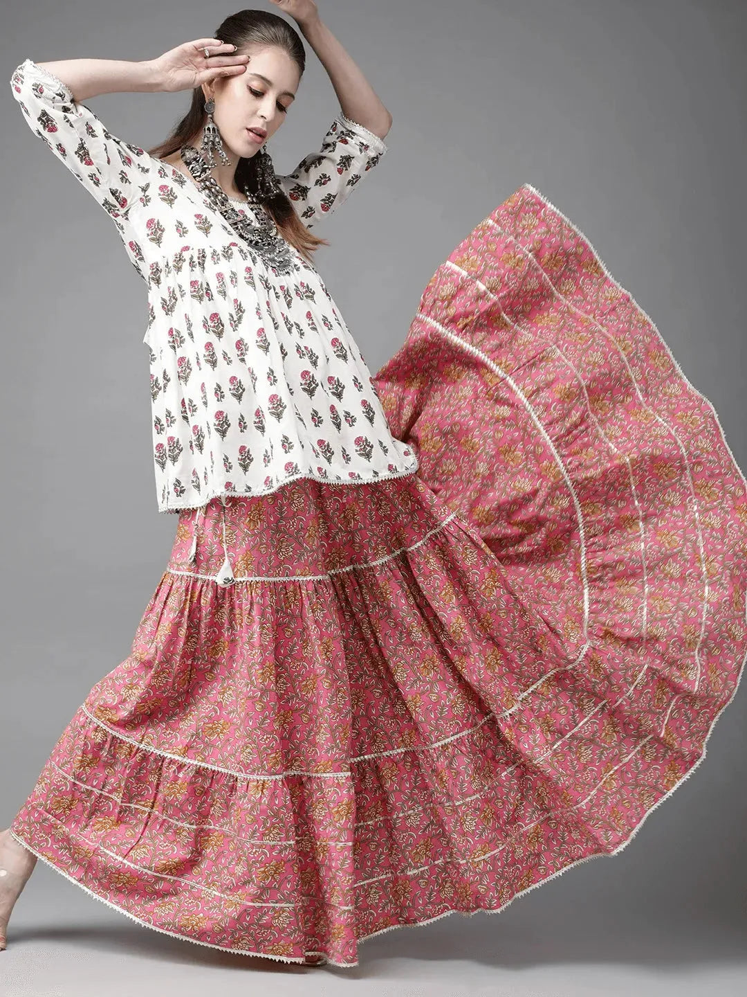 White Printed Cotton Suit Set - Libas
