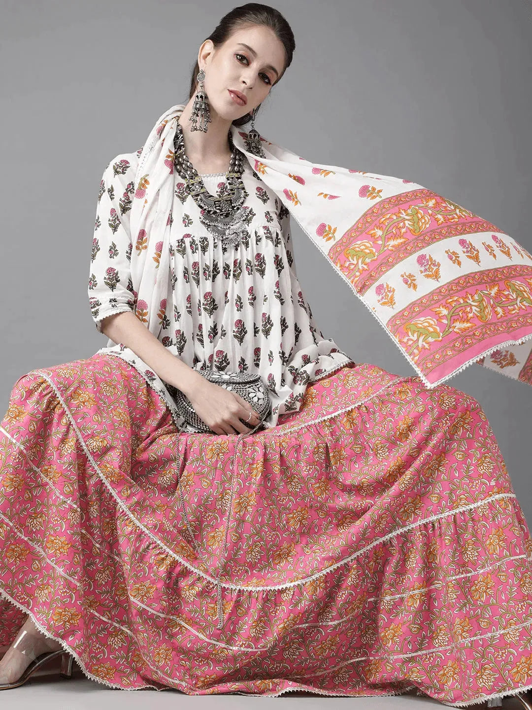 White Printed Cotton Suit Set - Libas
