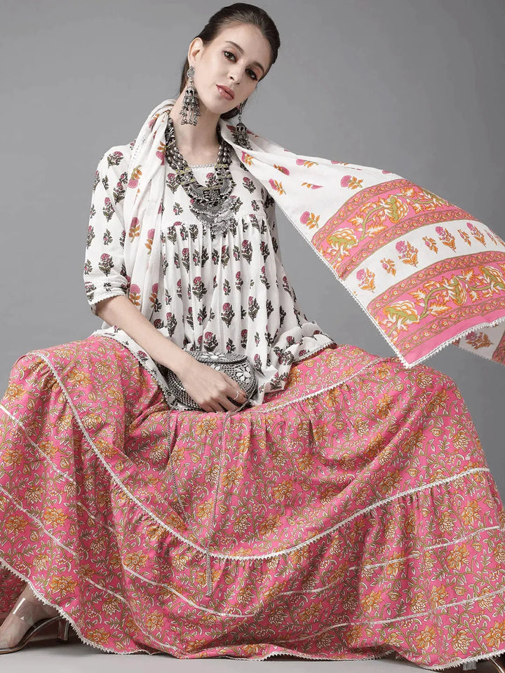 White Printed Cotton Suit Set - Libas