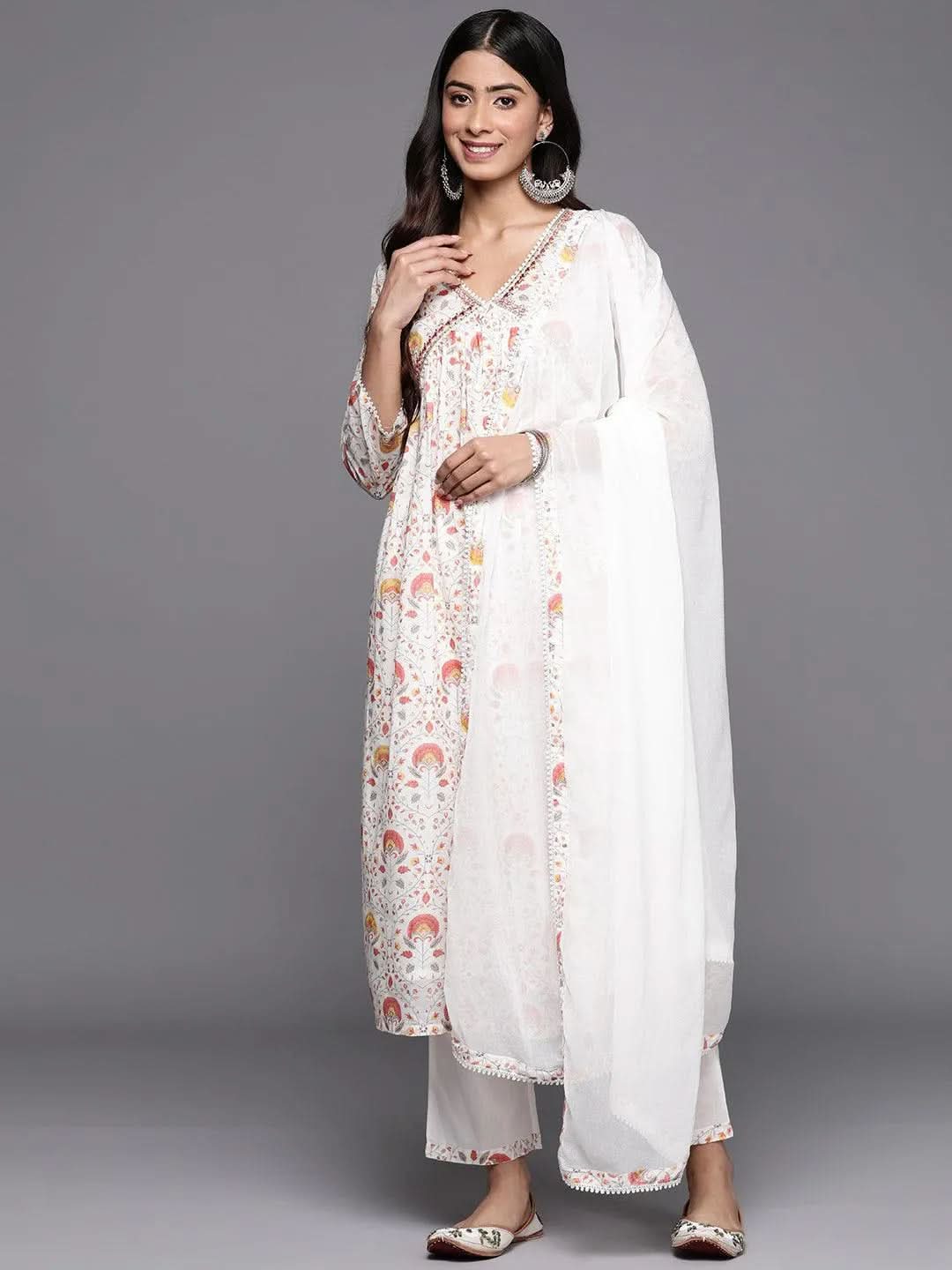 White Printed Cotton A-Line Kurta With Trousers & Dupatta
White Printed Cotton A-Line Kurta With Trousers & Dupatta