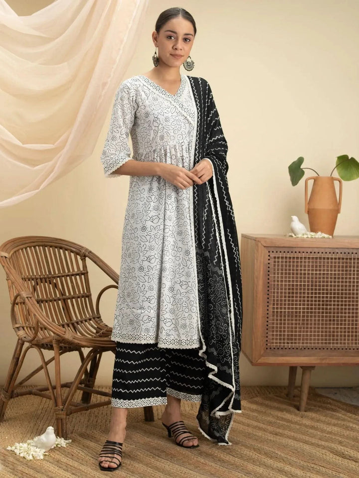 White Printed Cotton Suit Set - Libas