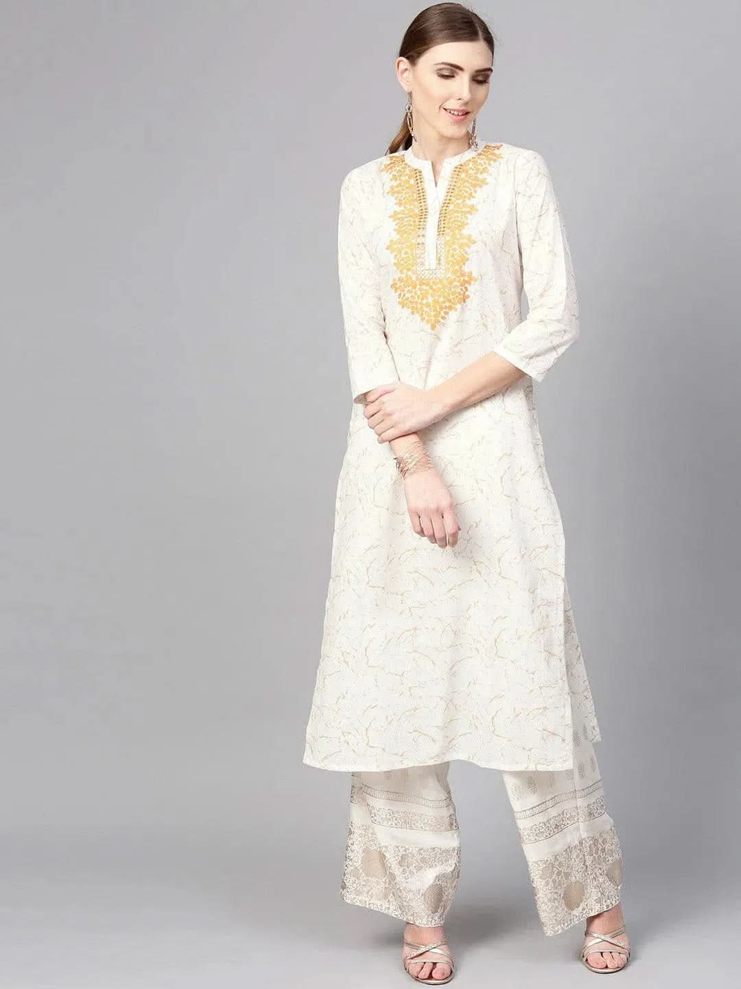 White Printed Cotton Kurta - Libas