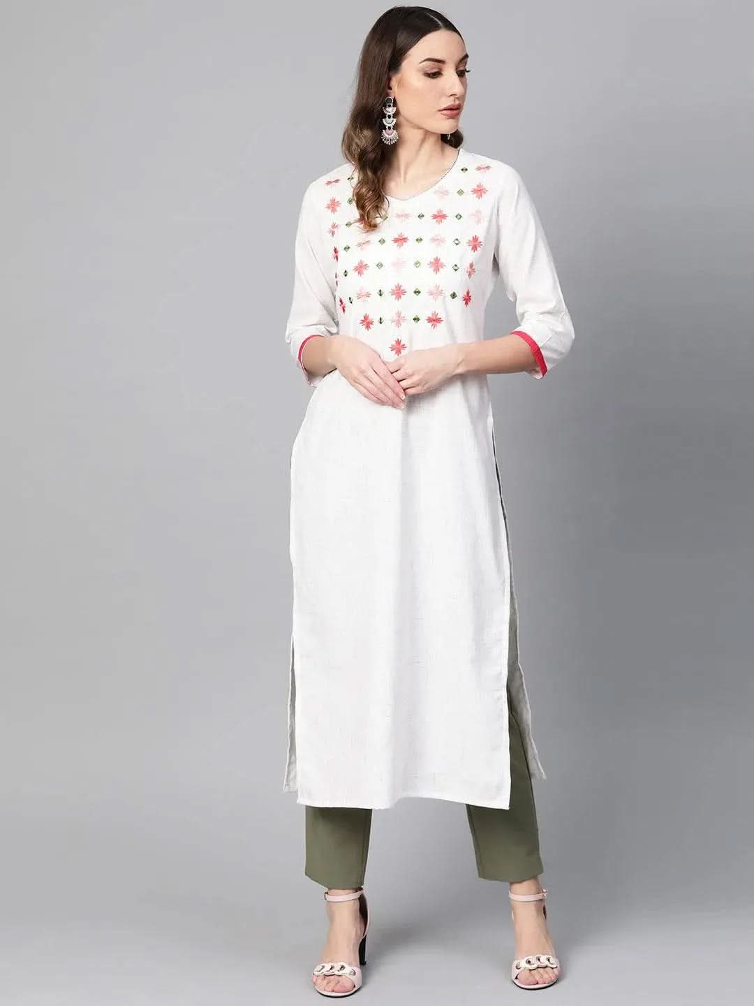White Printed Cotton Kurta - Libas