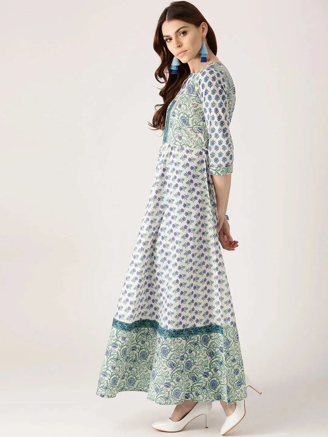 White Printed Cotton Kurta - Libas