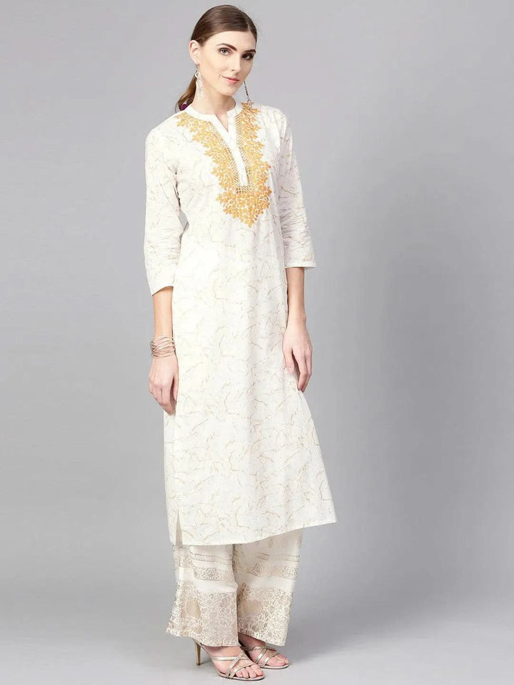 White Printed Cotton Kurta - Libas
