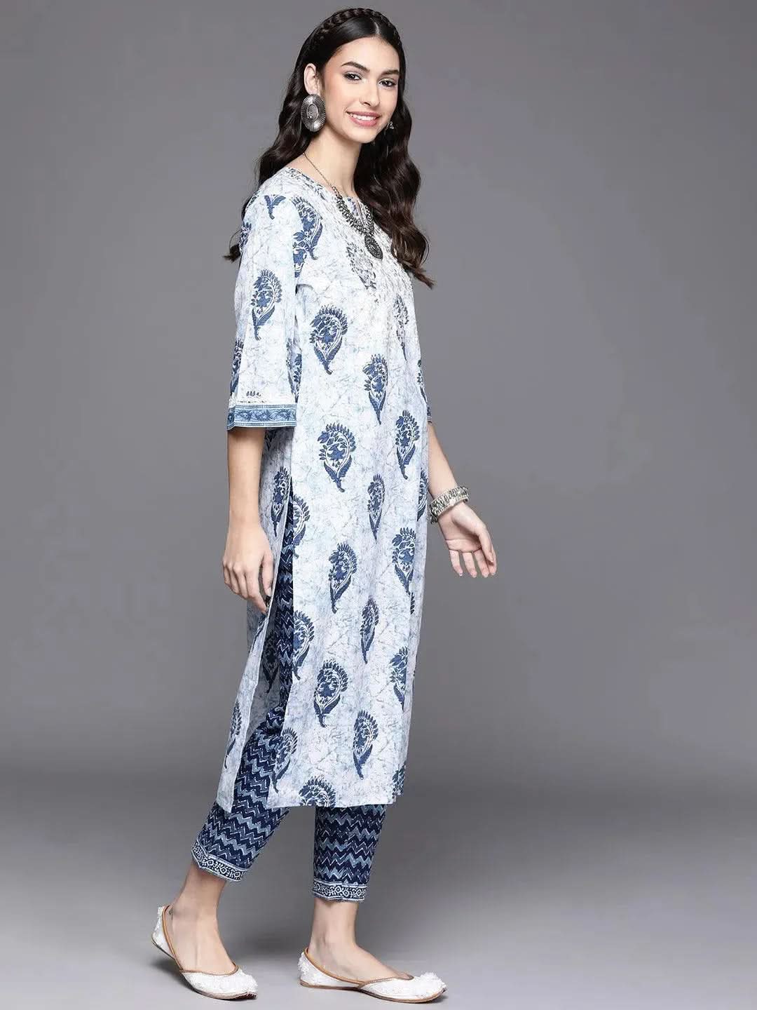 White Printed Cotton Kurta - Libas