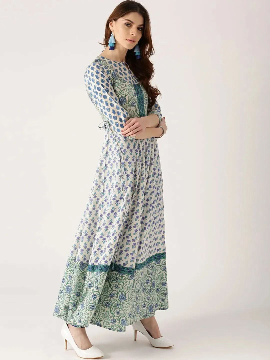 White Printed Cotton Kurta - Libas