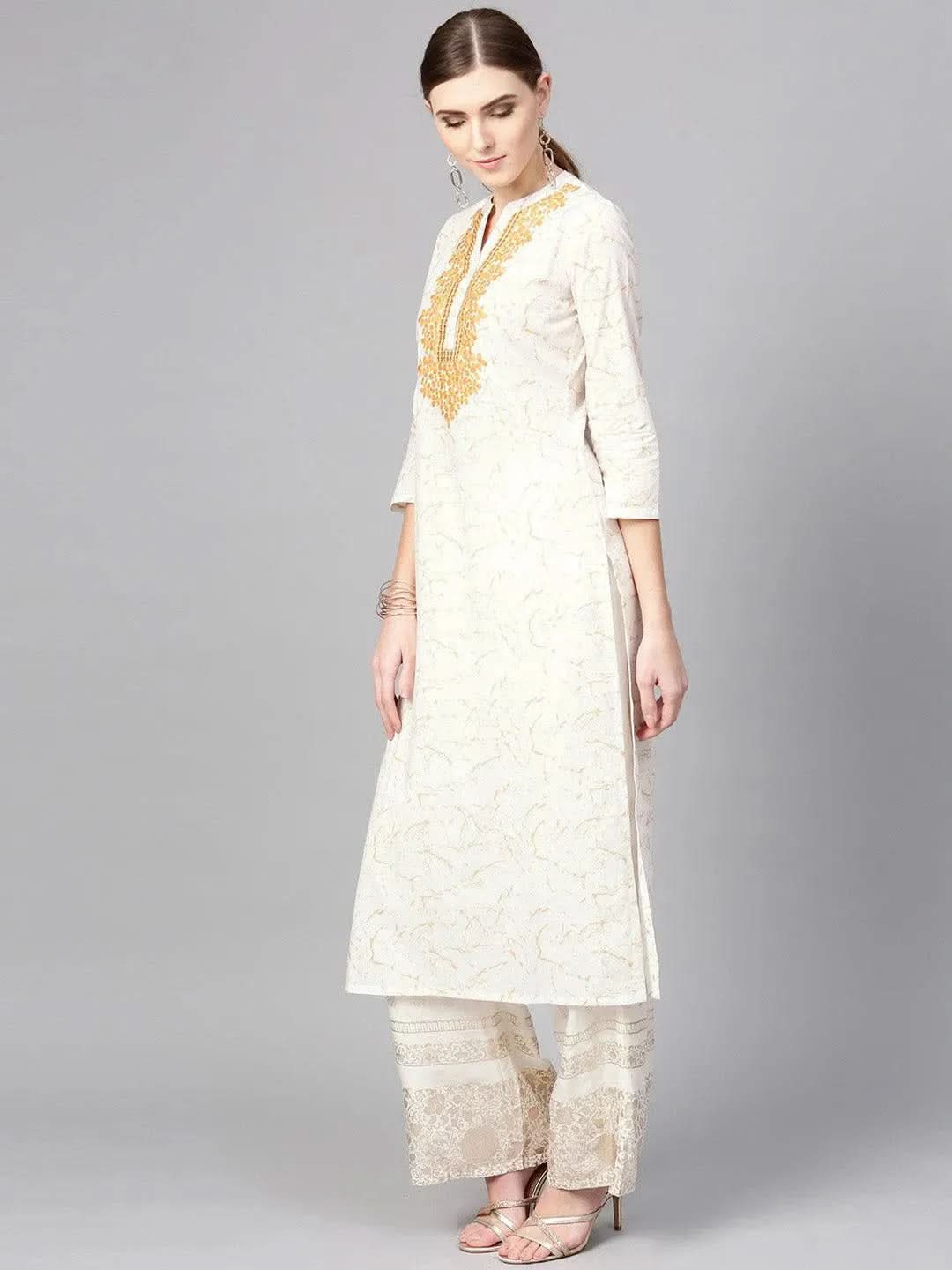 White Printed Cotton Kurta - Libas