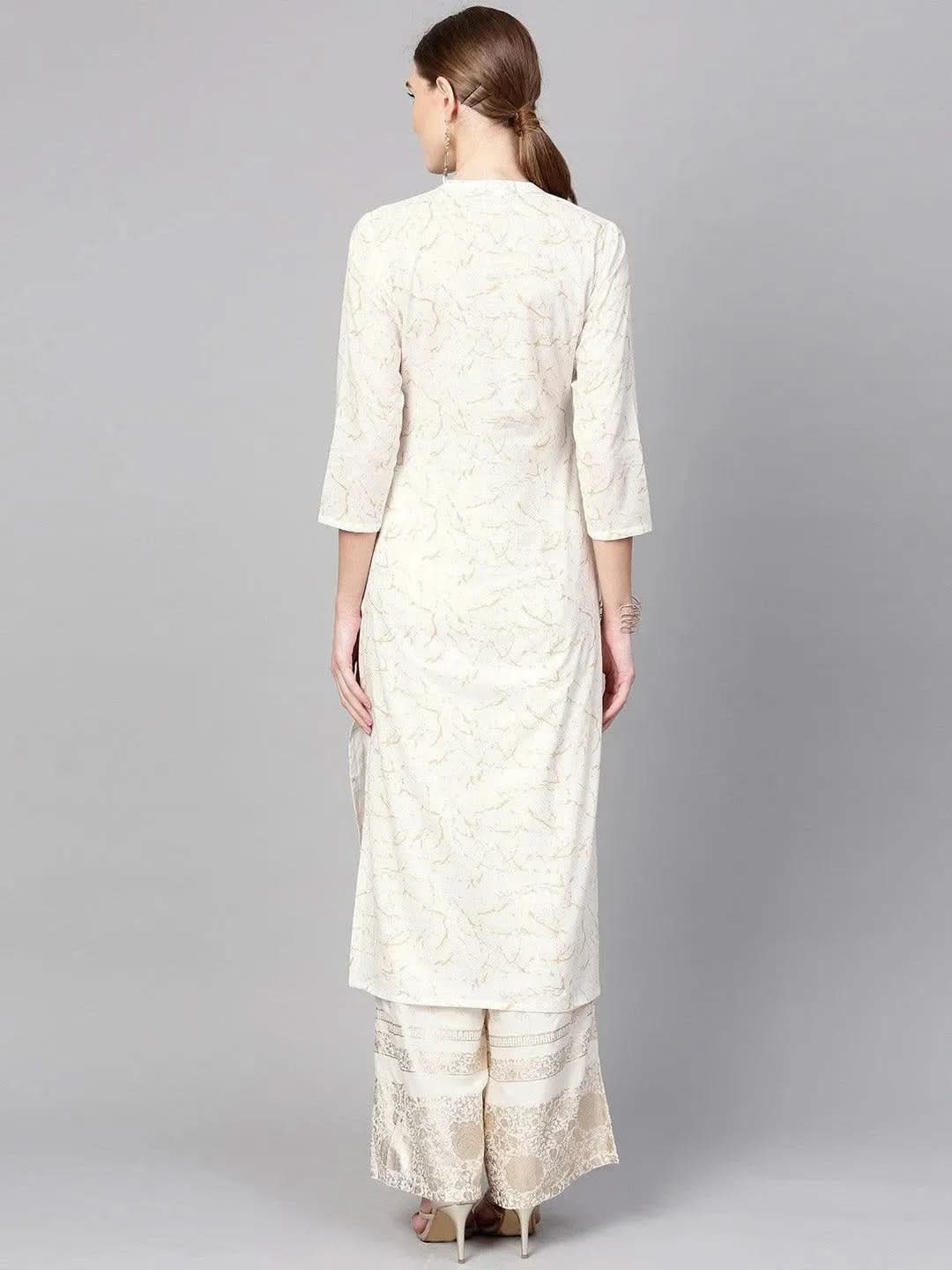 White Printed Cotton Kurta - Libas