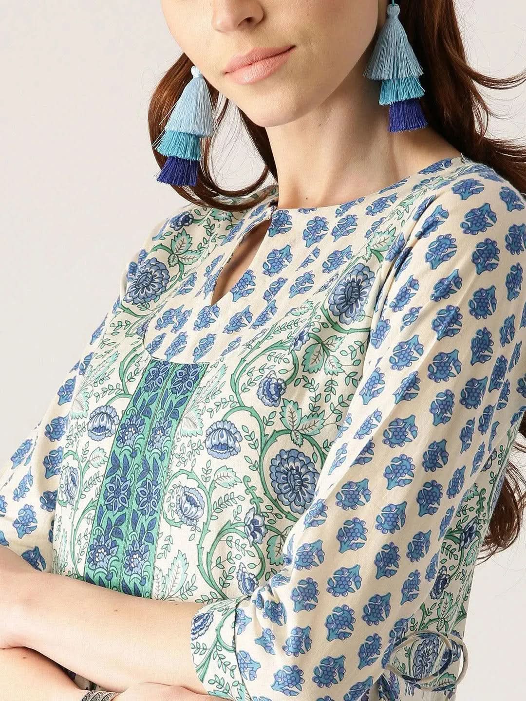 White Printed Cotton Kurta - Libas