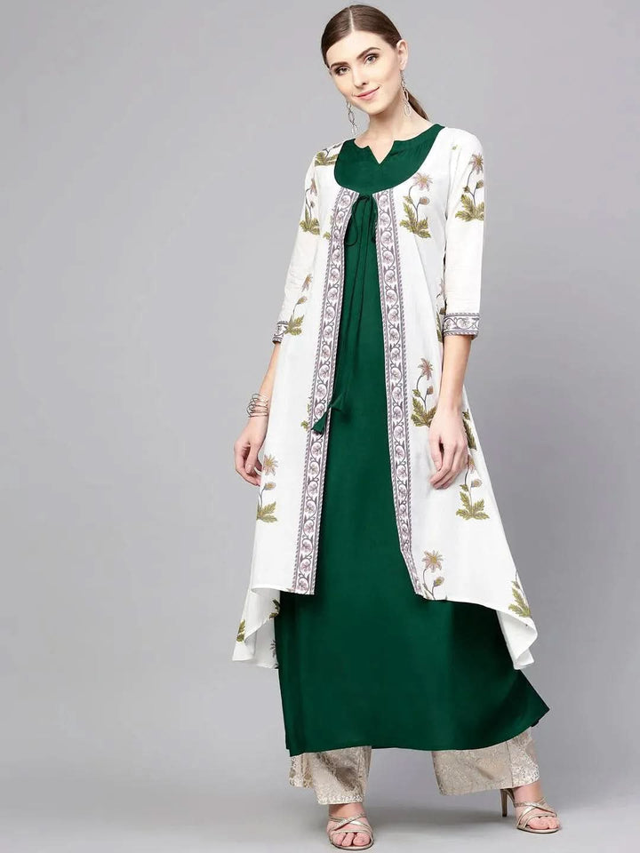 White Printed Cotton Kurta With Jacket - Libas