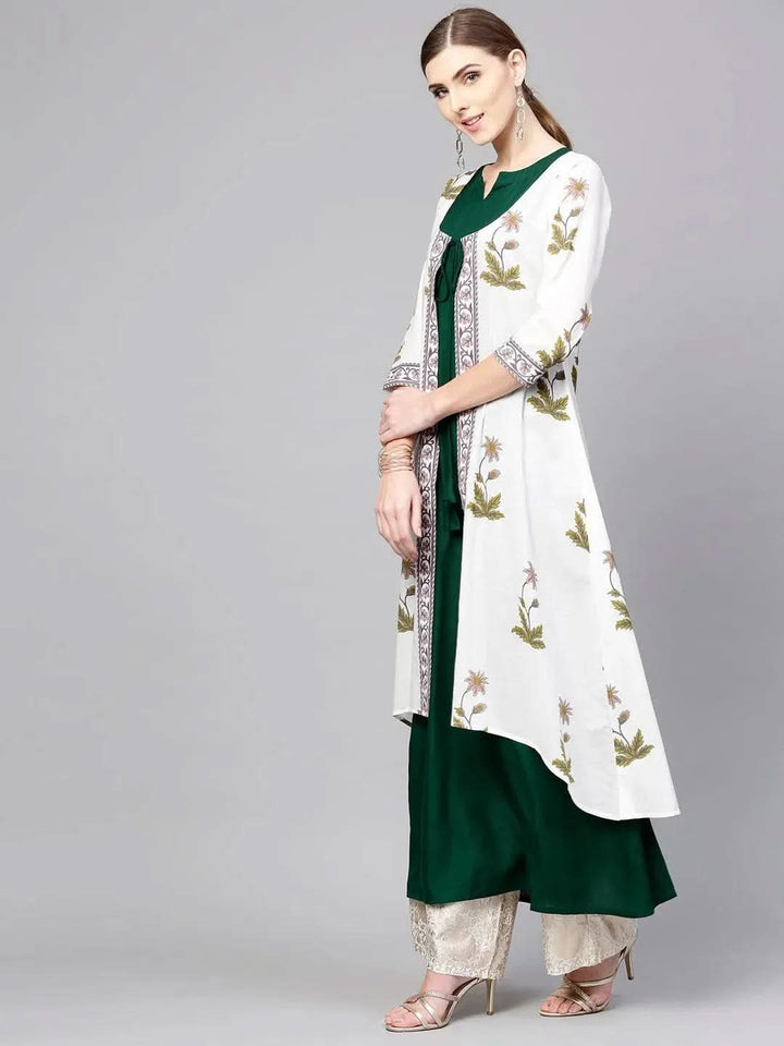 White Printed Cotton Kurta With Jacket - Libas