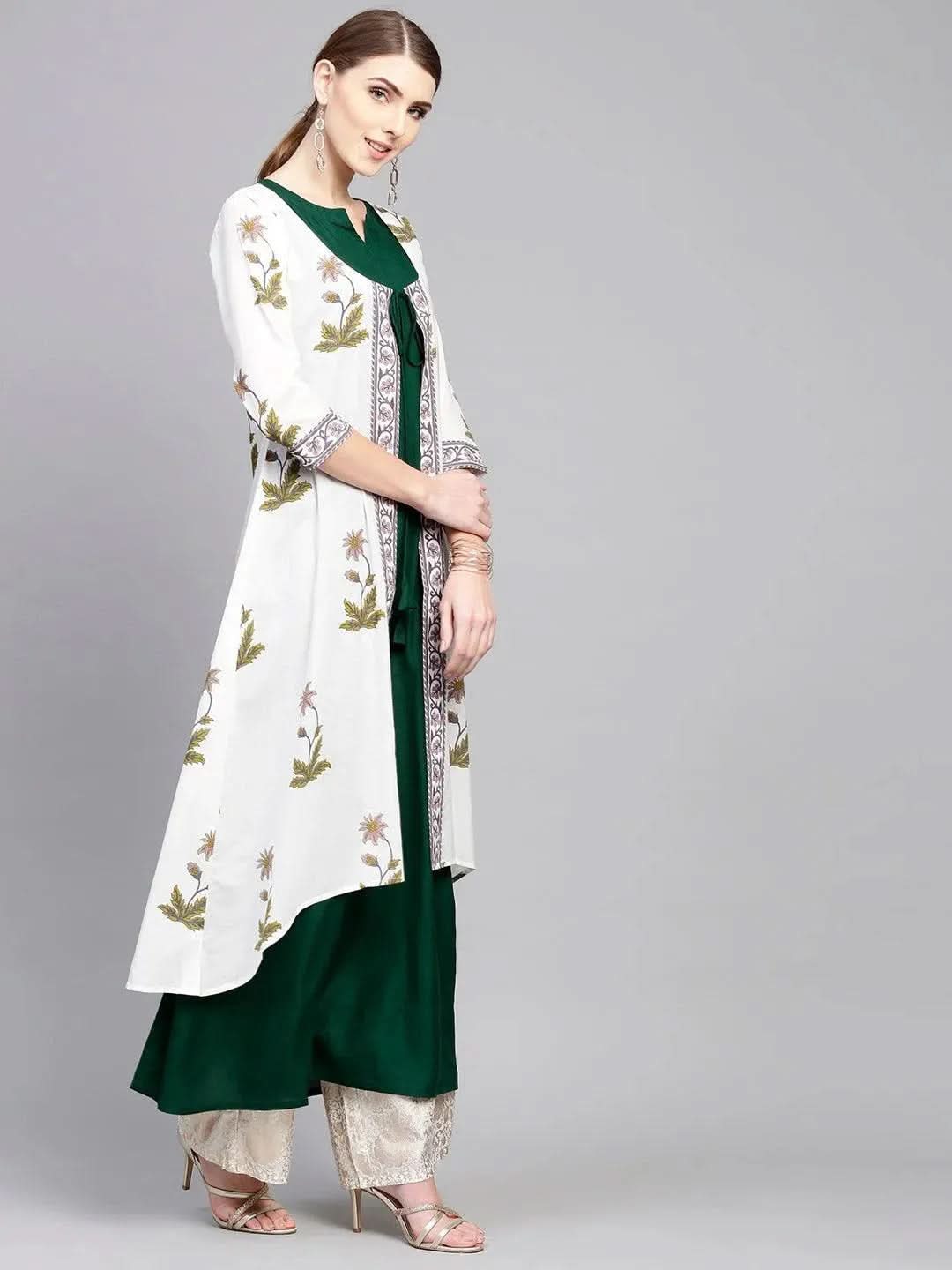 White Printed Cotton Kurta With Jacket - Libas