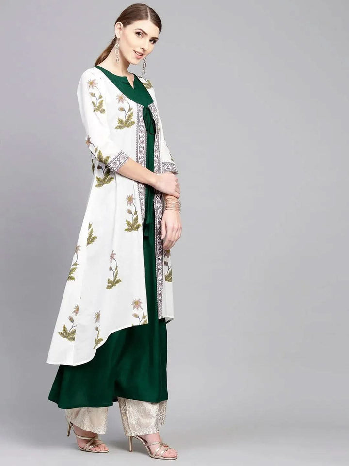 White Printed Cotton Kurta With Jacket - Libas