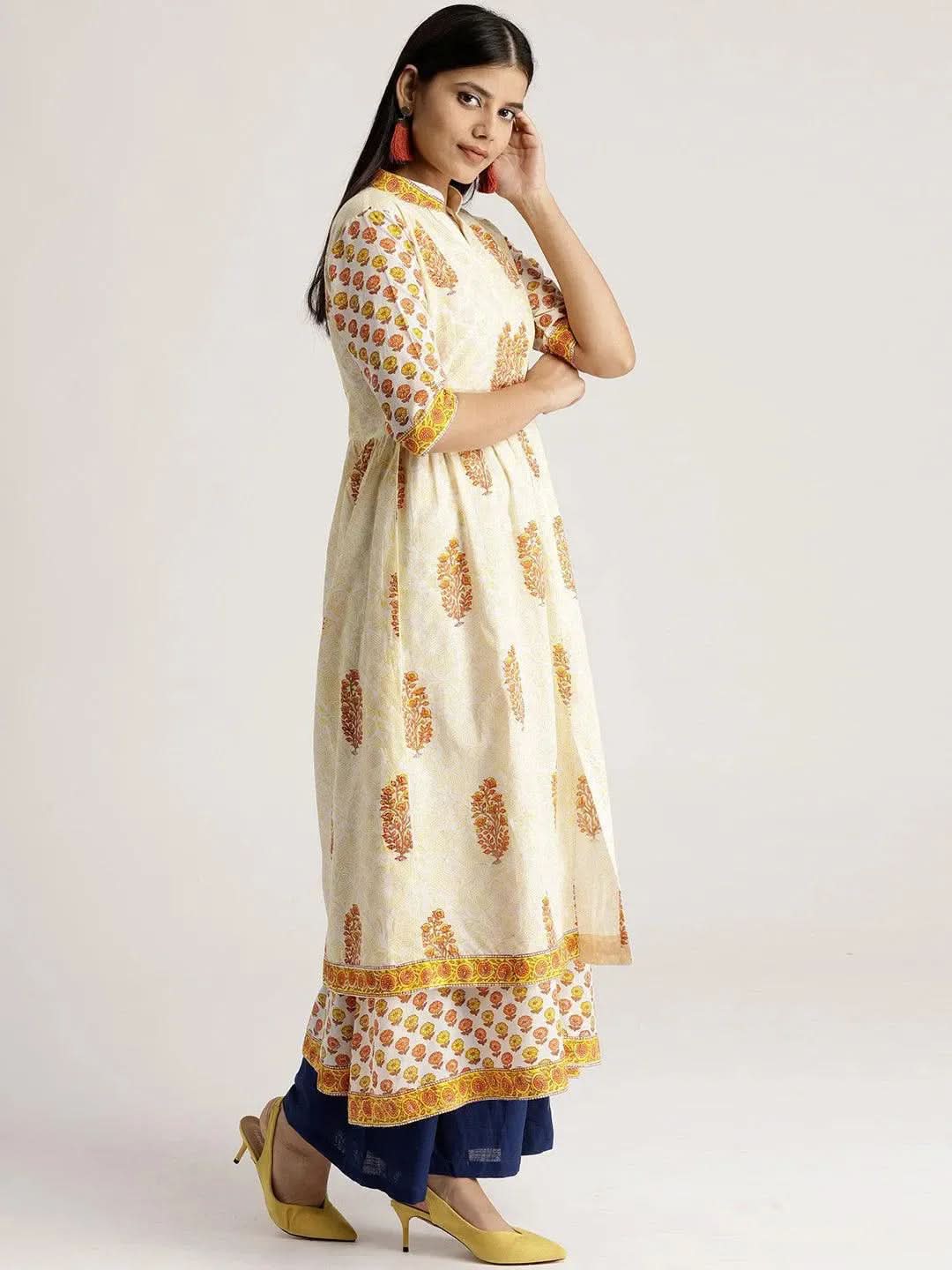 White Printed Cotton Kurta With Jacket - Libas