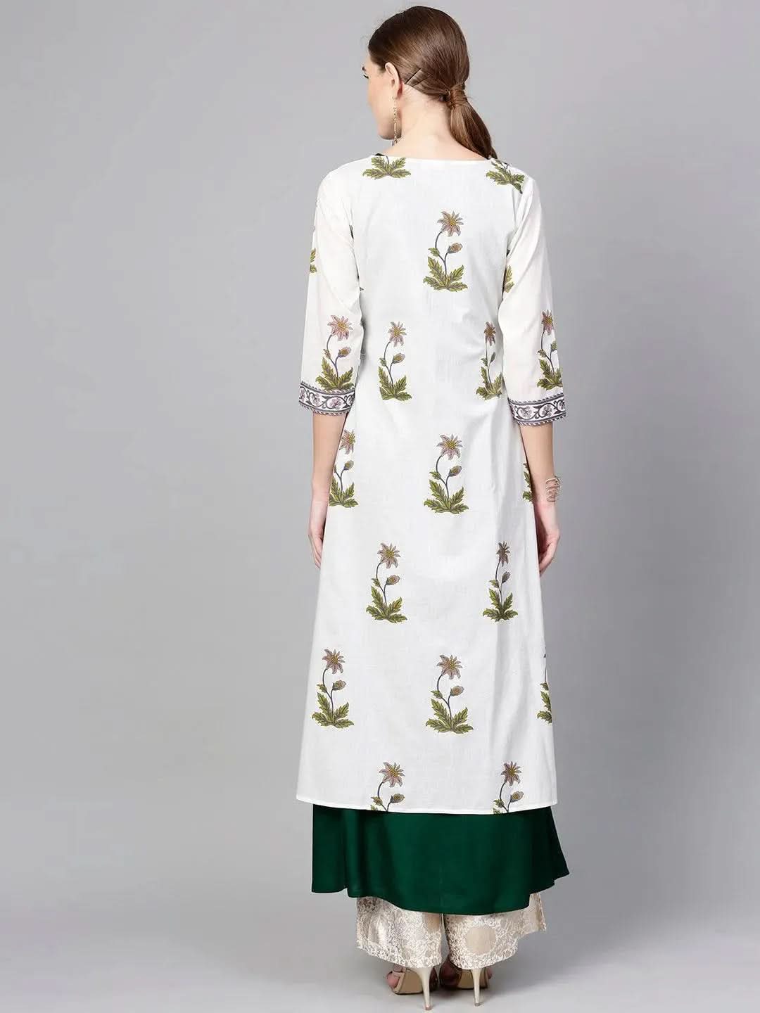 White Printed Cotton Kurta With Jacket - Libas