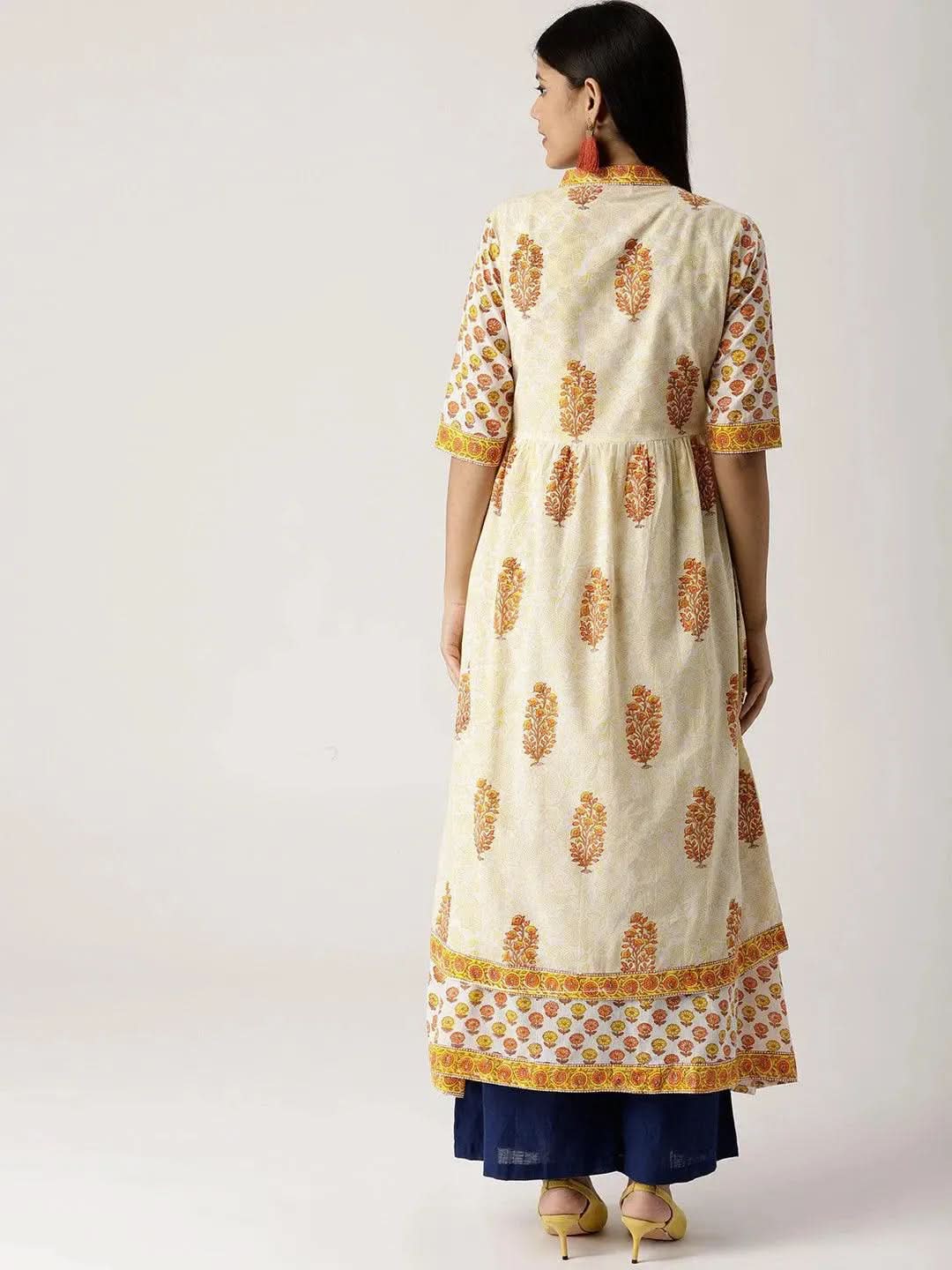 White Printed Cotton Kurta With Jacket - Libas