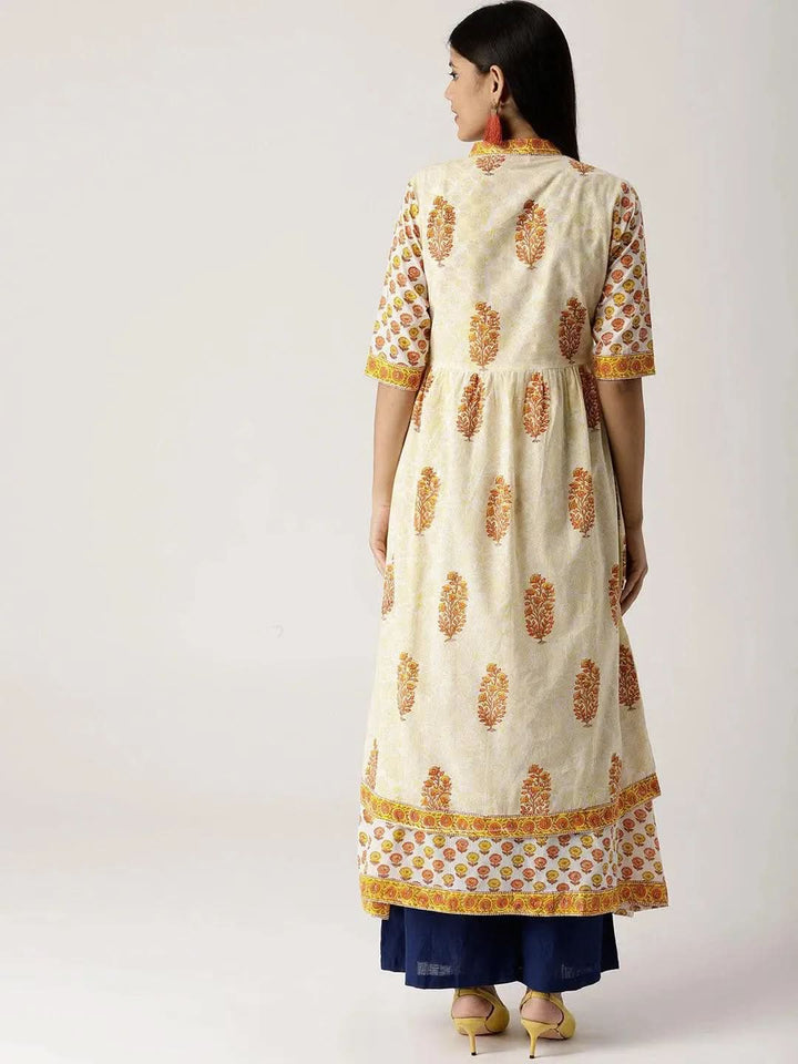 White Printed Cotton Kurta With Jacket - Libas