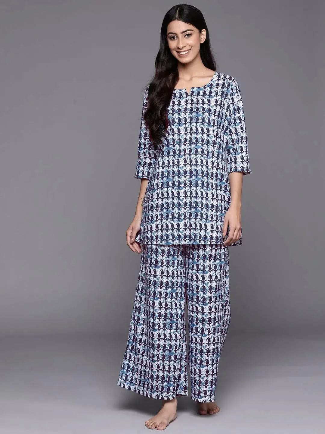 White Printed Cotton Night Suit - Libas