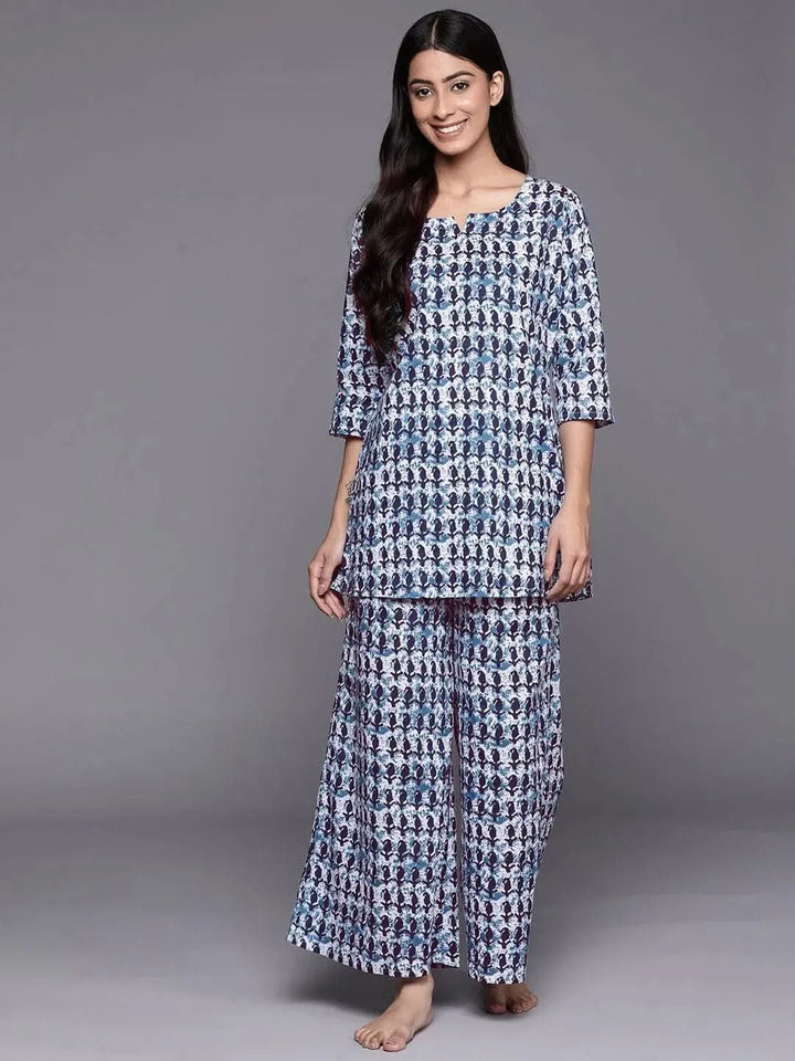 White Printed Cotton Night Suit - Libas