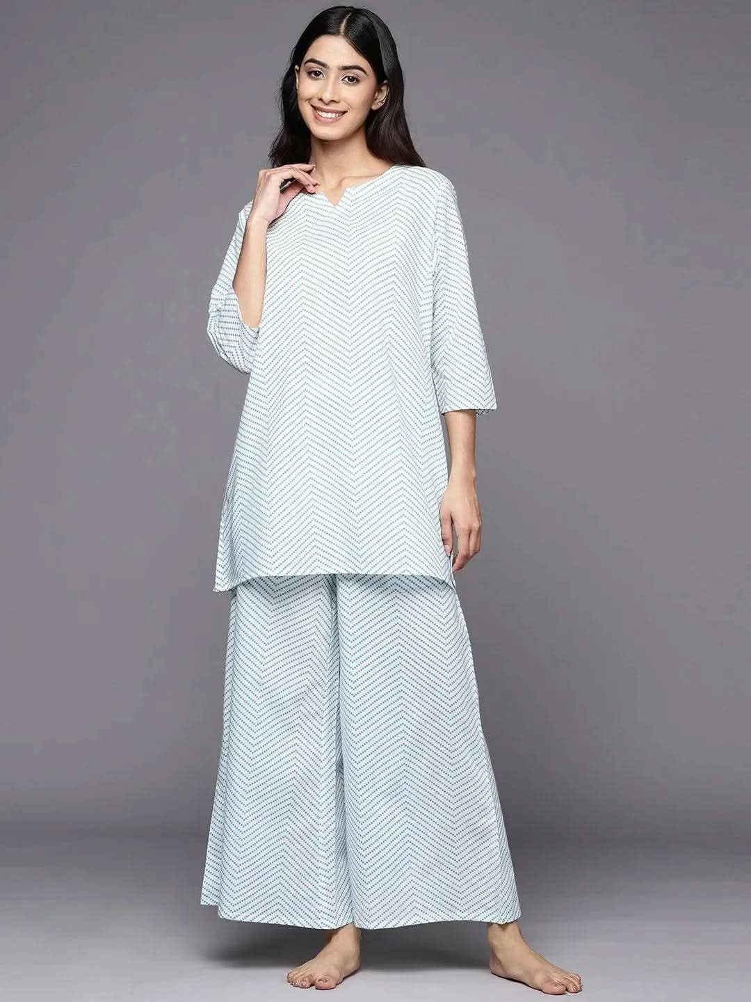 White Printed Cotton Night Suit - Libas