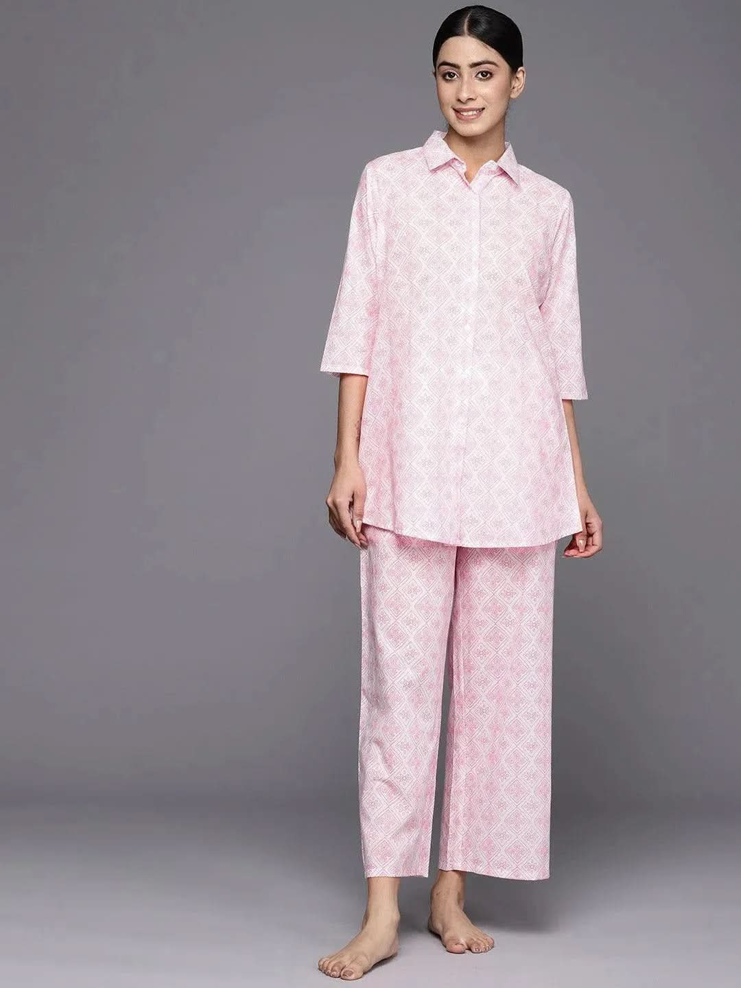 White Printed Cotton Night Suit - Libas