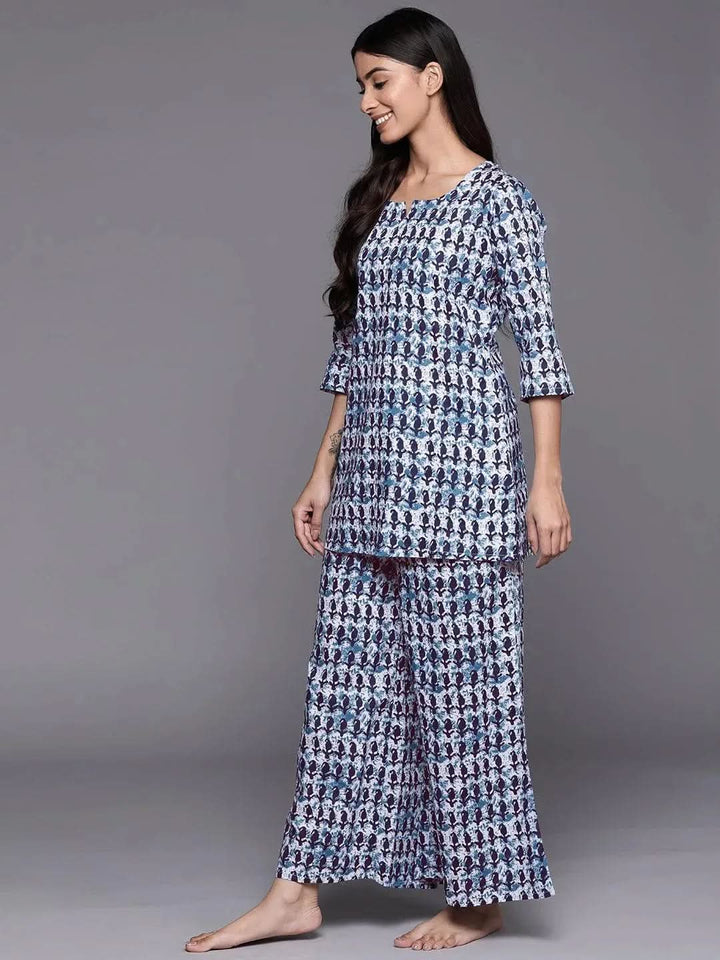 White Printed Cotton Night Suit - Libas